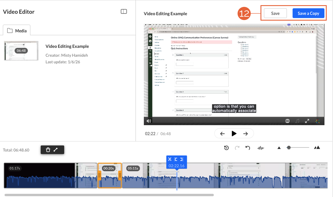 Kaltura video editor with save or save a copy highlighted.