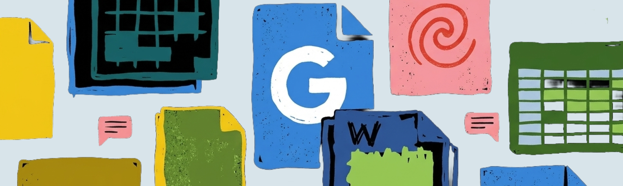 A vibrant, hand-drawn illustration of various document icons, spreadsheet grids, and software logos (like a large central 