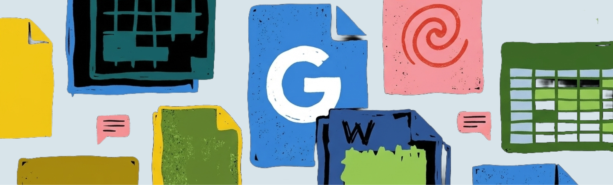 A vibrant, hand-drawn illustration of various document icons, spreadsheet grids, and software logos (like a large central 