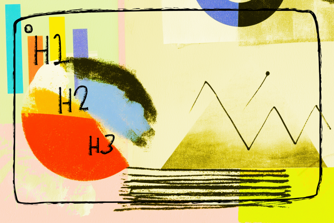 Abstract depiction of a slideshow template with headers and bright colors.