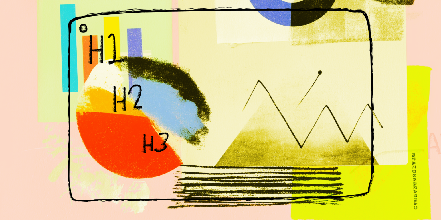 Abstract depiction of a slideshow template with headers and bright colors.