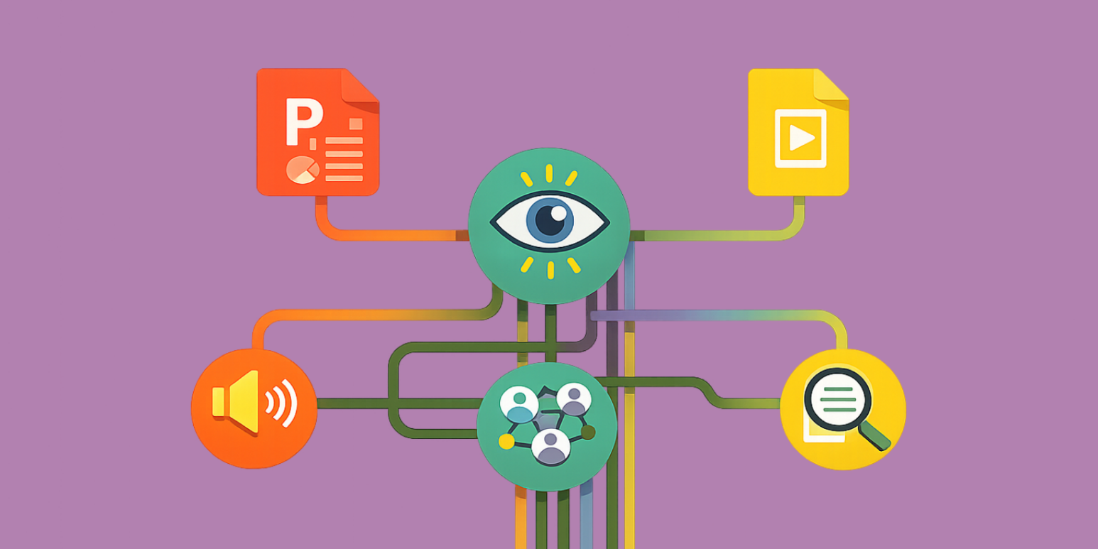 Illustration of Microsoft PowerPoint and Google Slides icons linked to a central eye symbol, with connected icons for audio, collaboration, and search, representing accessible slide presentations.