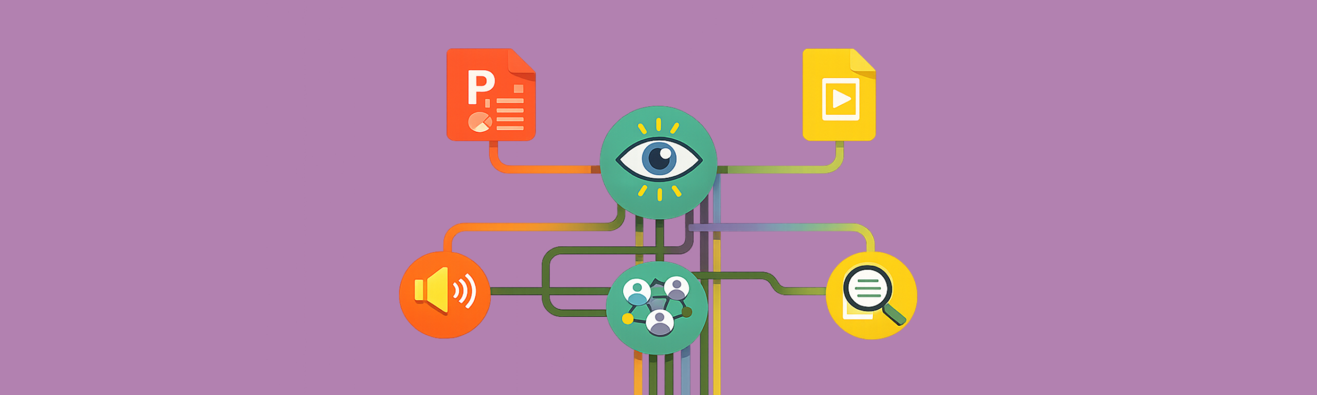 Illustration of Microsoft PowerPoint and Google Slides icons linked to a central eye symbol, with connected icons for audio, collaboration, and search, representing accessible slide presentations.