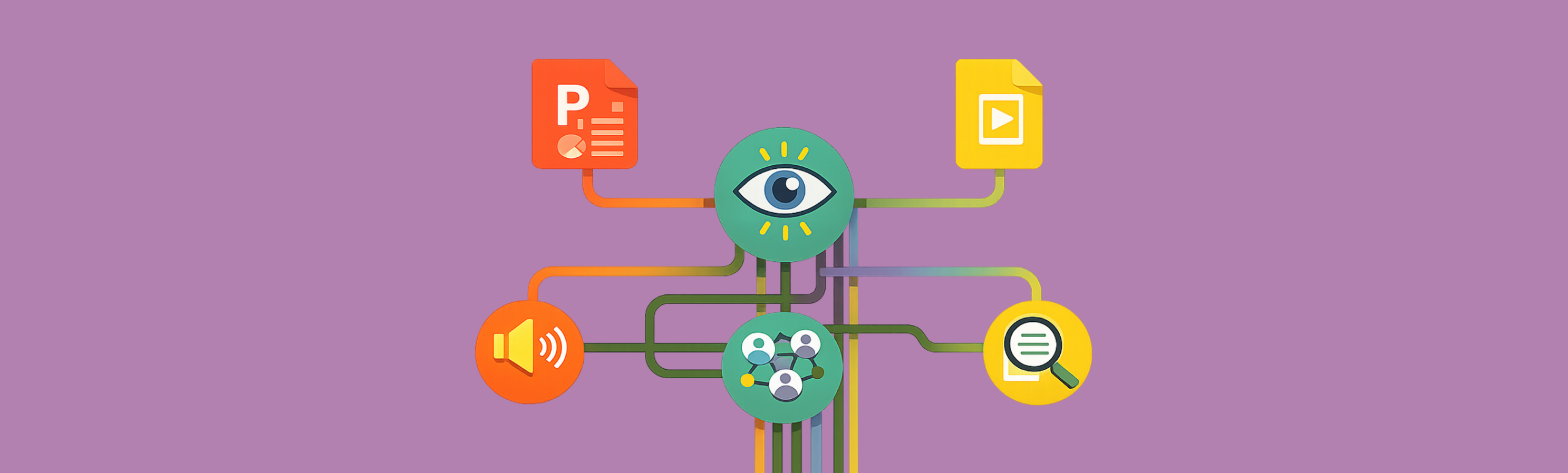 Illustration of Microsoft PowerPoint and Google Slides icons linked to a central eye symbol, with connected icons for audio, collaboration, and search, representing accessible slide presentations.
