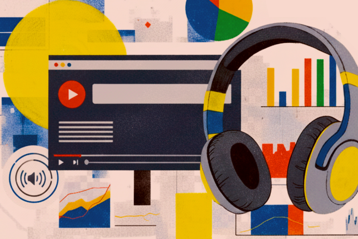 Graphic representation of digital accessibility tools, including video playback, audio descriptions, and data visualization.