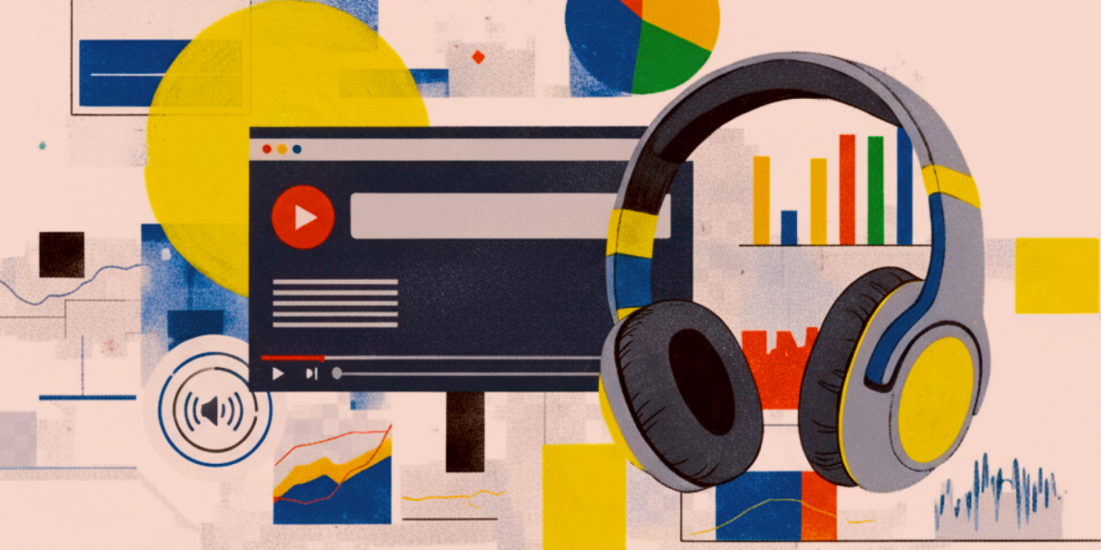 Graphic representation of digital accessibility tools, including video playback, audio descriptions, and data visualization.