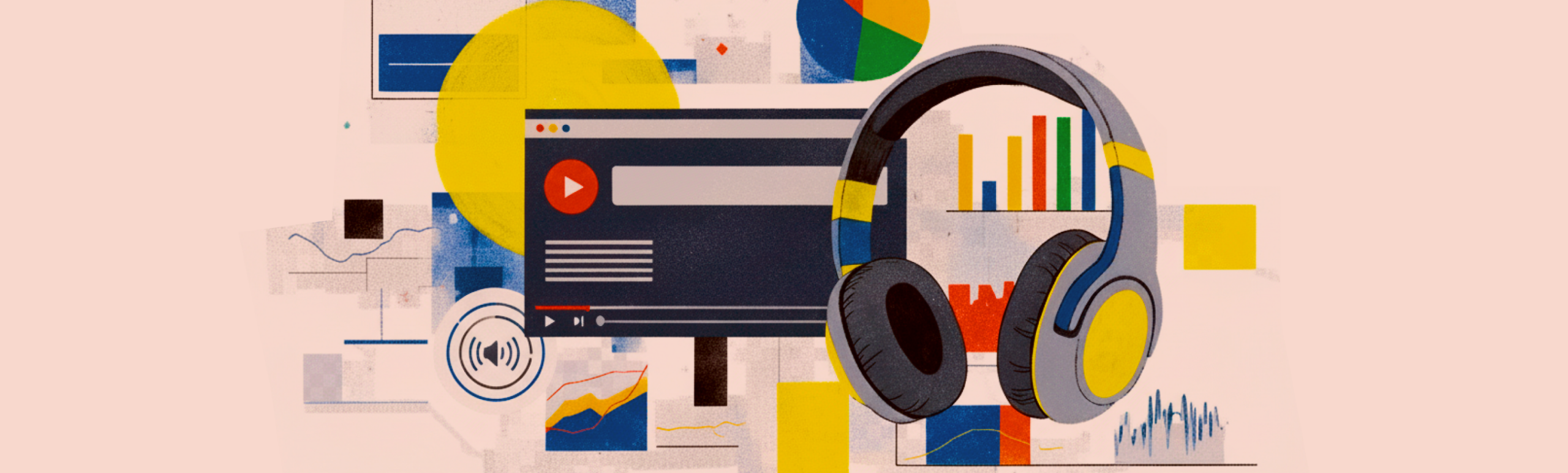 Graphic representation of digital accessibility tools, including video playback, audio descriptions, and data visualization.