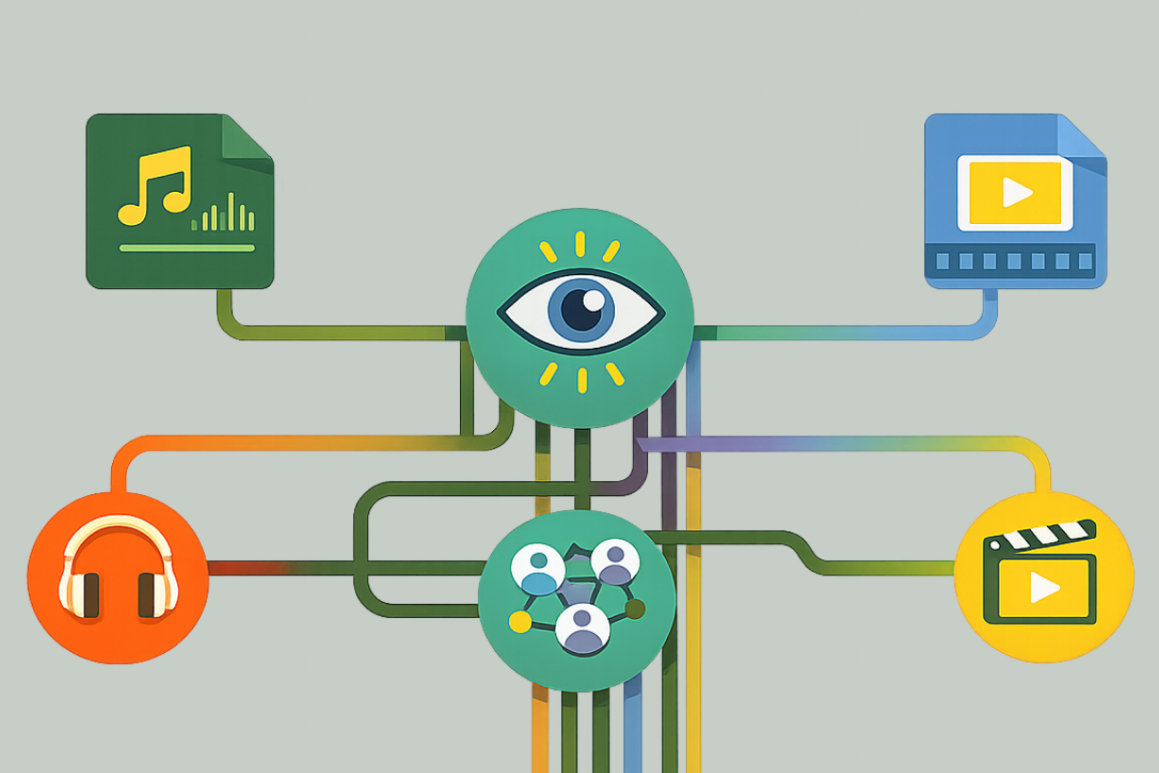 Illustration of audio and video file icons connected to a central eye symbol, with surrounding icons for headphones, collaboration, and search, representing accessible multimedia content.