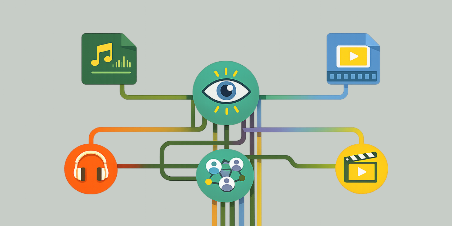 Illustration of audio and video file icons connected to a central eye symbol, with surrounding icons for headphones, collaboration, and search, representing accessible multimedia content.