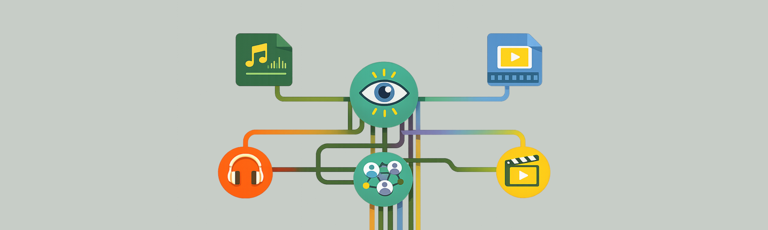 Illustration of audio and video file icons connected to a central eye symbol, with surrounding icons for headphones, collaboration, and search, representing accessible multimedia content.