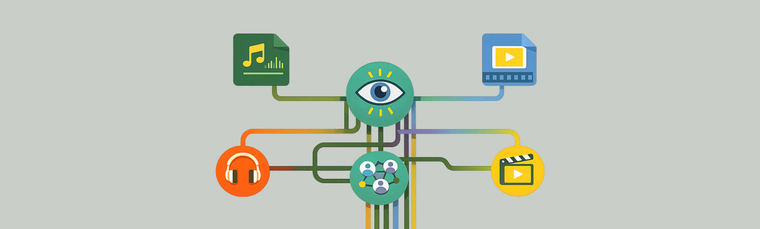 Illustration of audio and video file icons connected to a central eye symbol, with surrounding icons for headphones, collaboration, and search, representing accessible multimedia content.