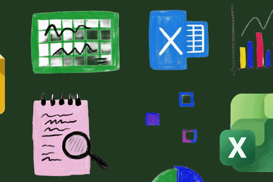 Hand-drawn icons of spreadsheet software and data visualization tools in a crayon-texture style.