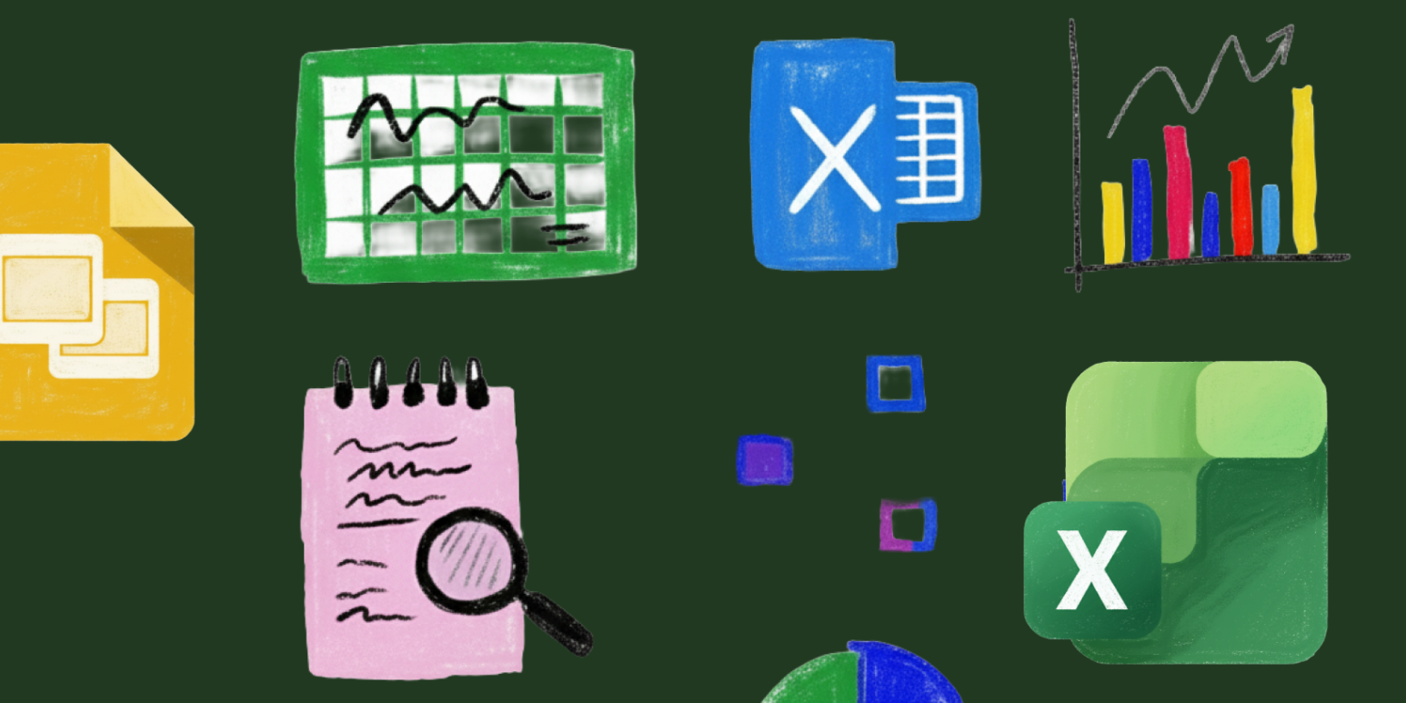 Hand-drawn icons of spreadsheet software and data visualization tools in a crayon-texture style.