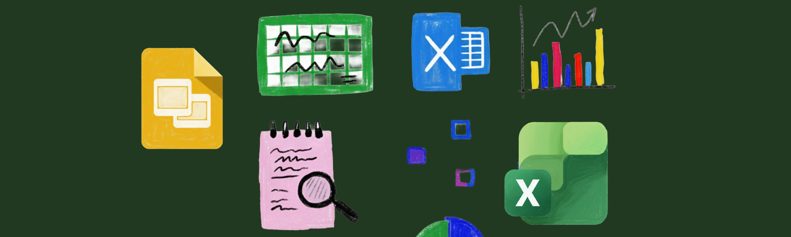 Hand-drawn icons of spreadsheet software and data visualization tools in a crayon-texture style.