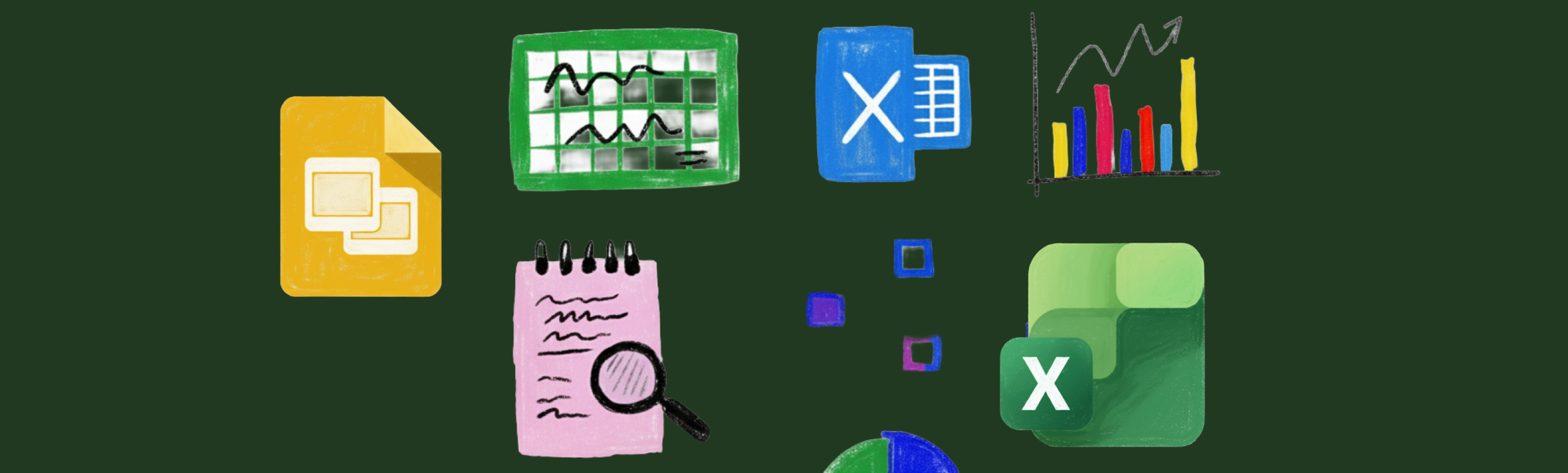 Hand-drawn icons of spreadsheet software and data visualization tools in a crayon-texture style.