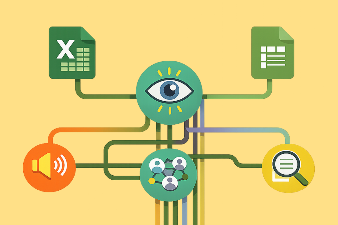 Illustration of Microsoft Excel and Google Sheets icons connected by colored lines to an eye symbol, with surrounding icons for audio, collaboration, and search, representing accessible spreadsheet design.