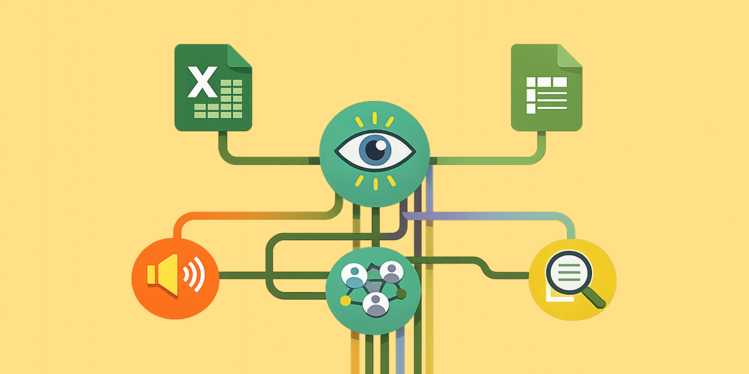 Illustration of Microsoft Excel and Google Sheets icons connected by colored lines to an eye symbol, with surrounding icons for audio, collaboration, and search, representing accessible spreadsheet design.