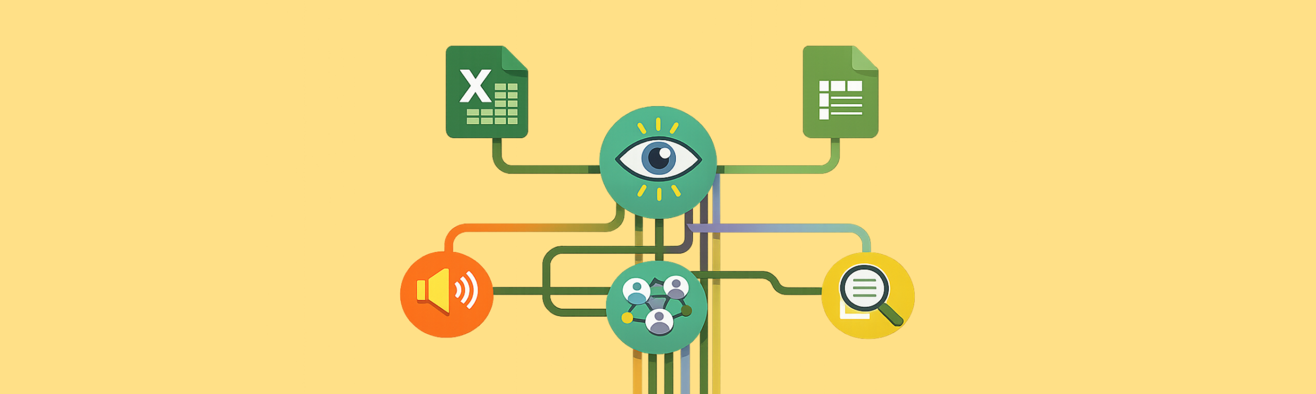 Illustration of Microsoft Excel and Google Sheets icons connected by colored lines to an eye symbol, with surrounding icons for audio, collaboration, and search, representing accessible spreadsheet design.