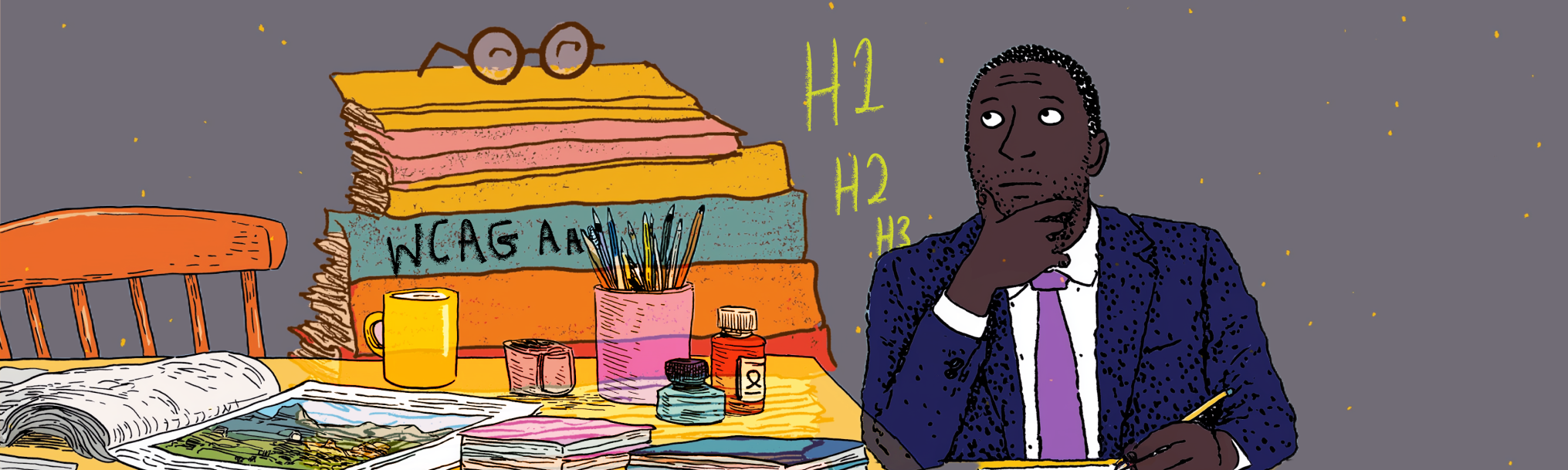 Faculty member thinking and writing, with stacks of books, one reading 