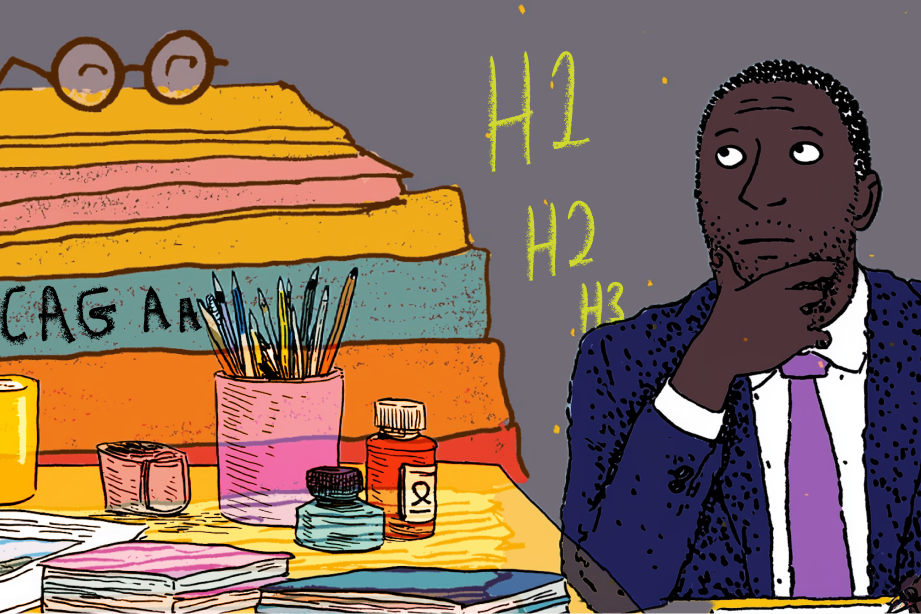 Faculty member thinking and writing, with stacks of books, one reading 