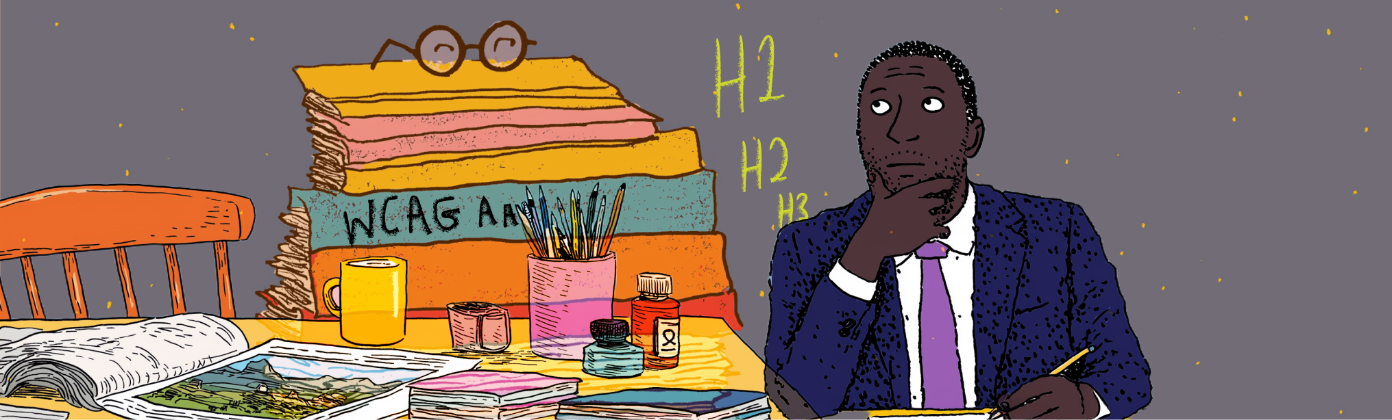 Faculty member thinking and writing, with stacks of books, one reading 