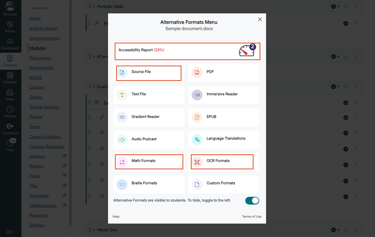 Panorama alternative formats menu with Accessibility Report, Source file, Math Formats, and OCR formats buttons highlighted.