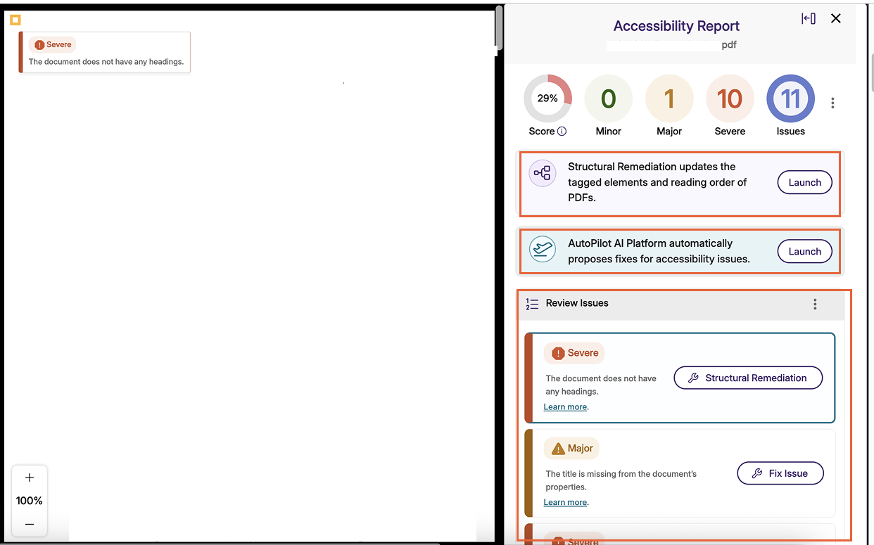 Panorama accessibility report with review issues section, structural remediation button, and autopilot AI buttons highlighted.