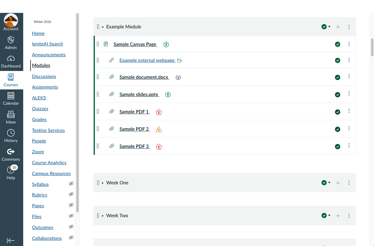Canvas example module with linked items showing Panorama accessibility buttons.