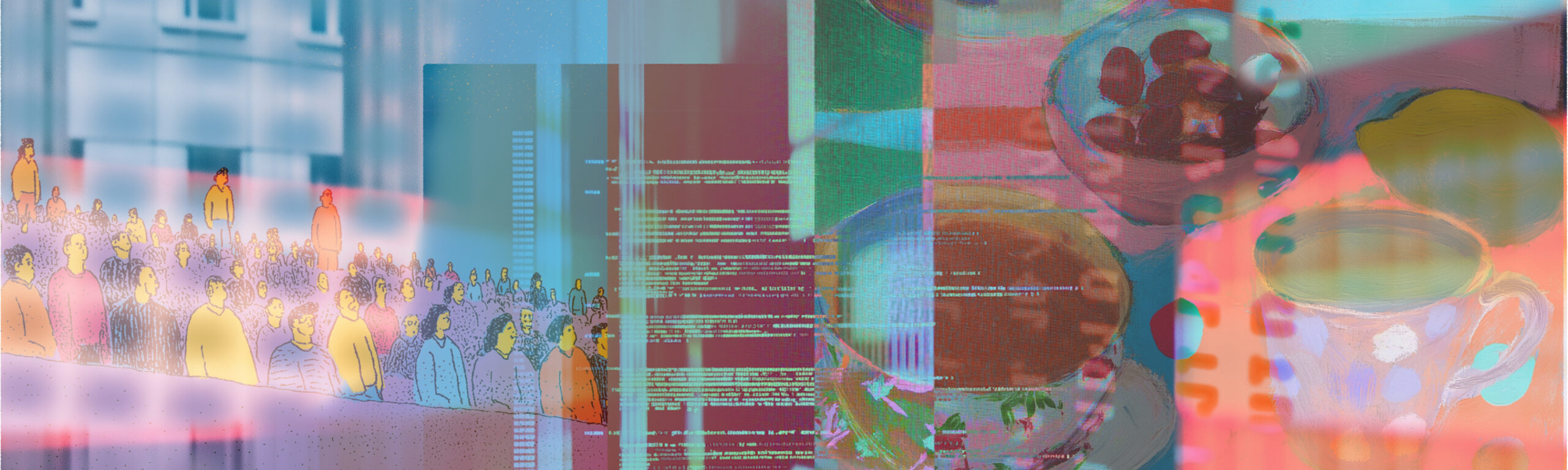 Abstract digital collage showing a diverse crowd, computer code, and colorful hand-painted imagery layered together in bright blues, pinks, oranges, and greens.